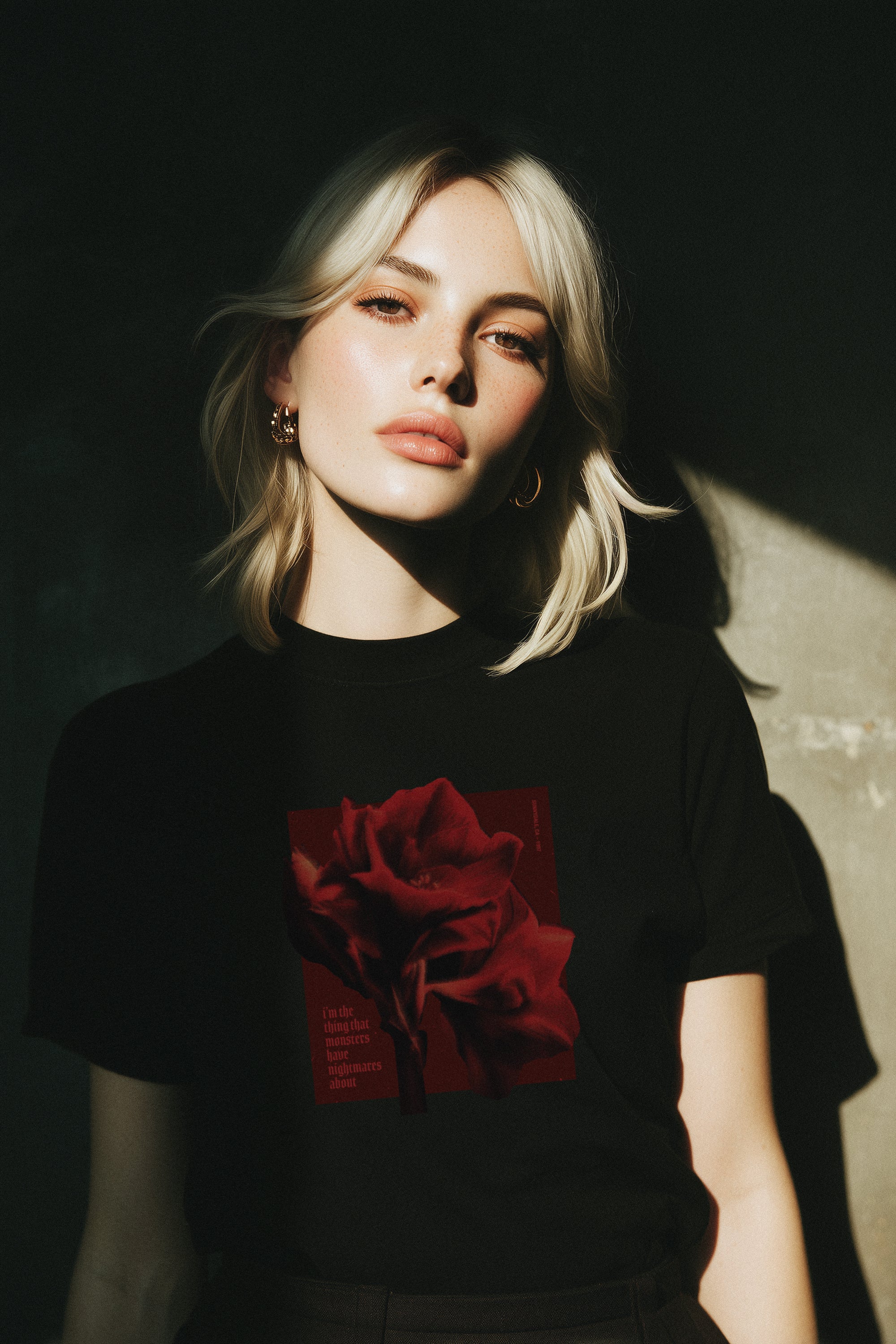 Person wearing a black t-shirt with a red rose graphic against a dark background