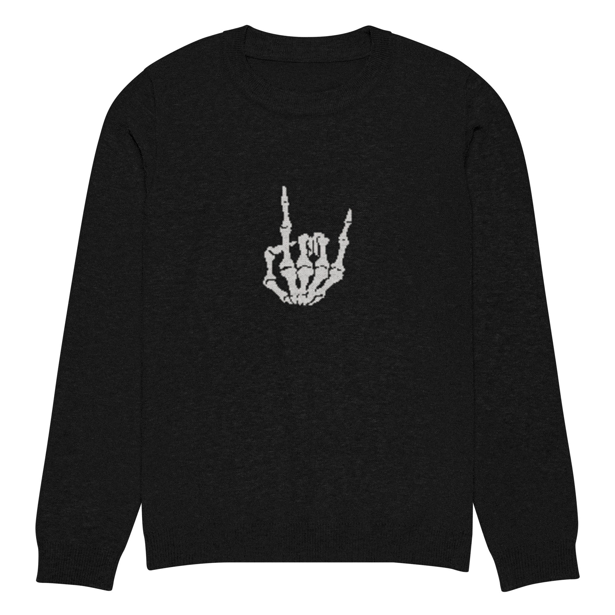 Black sweater with a white heavy metal horns hand gesture design on a white background
