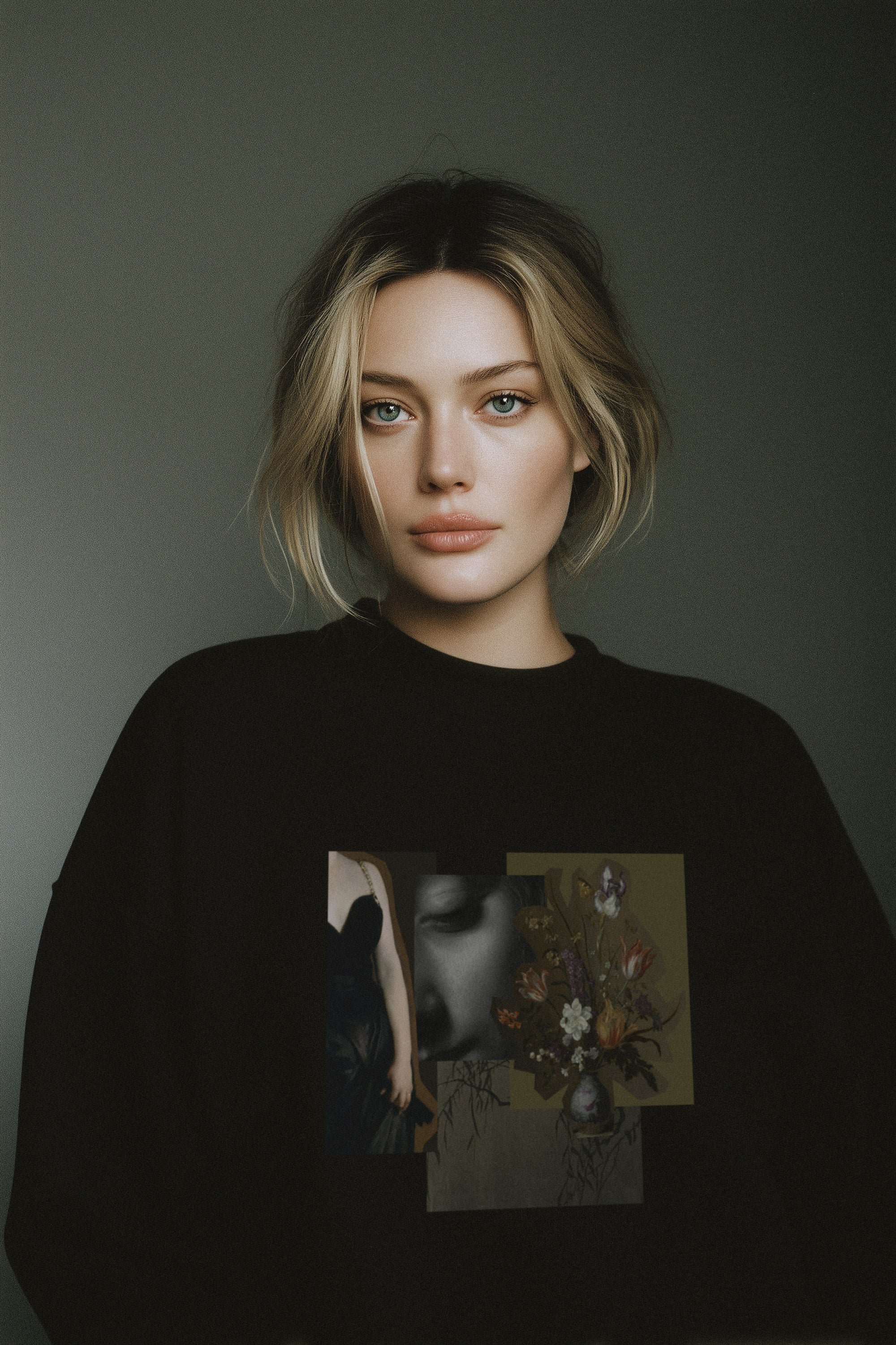 Person wearing a black sweatshirt with artistic designs on a dark background