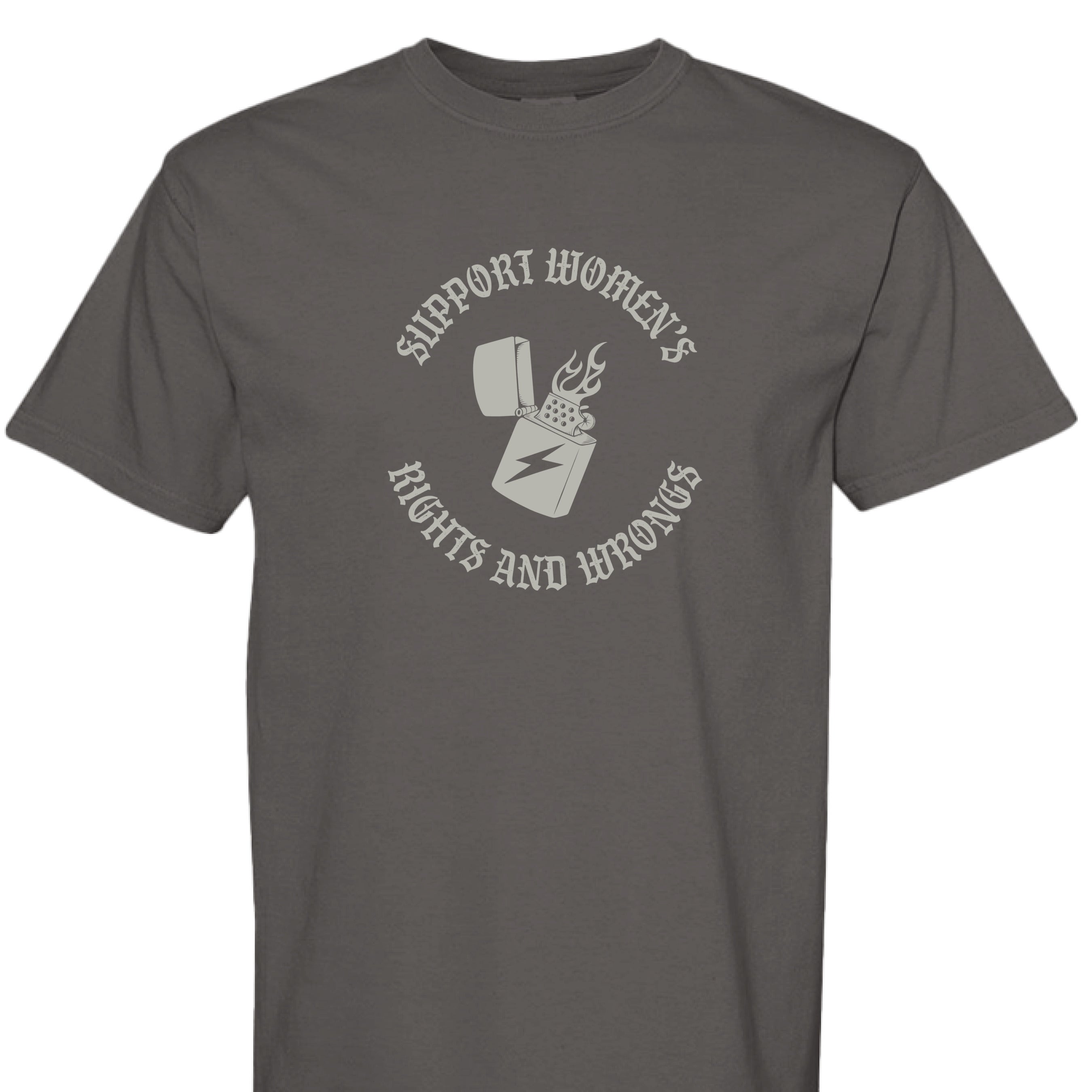 A gray t-shirt with a graphic that reads Support Women's Rights and Wrongs