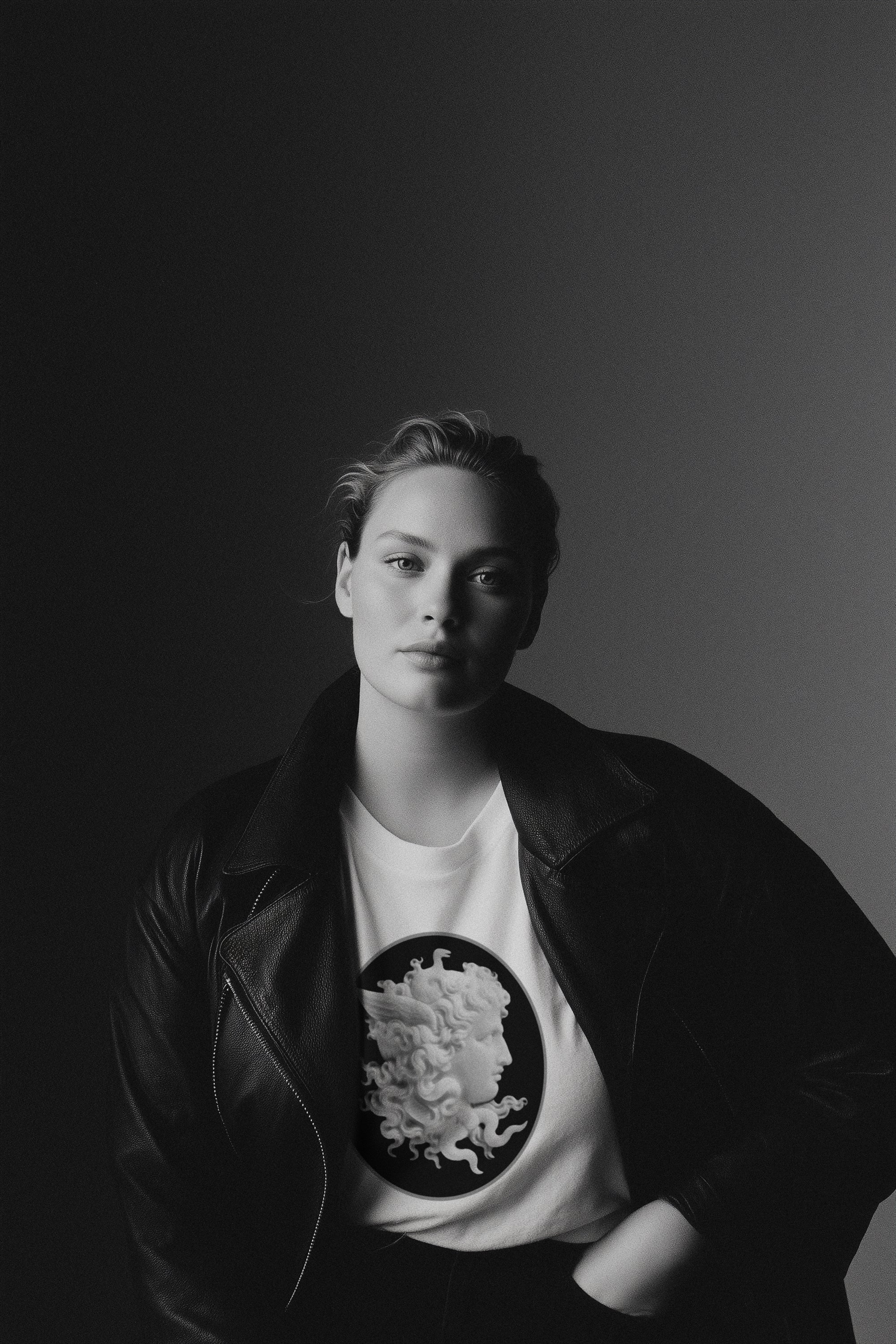 Black and white portrait of a person wearing a jacket and t-shirt with a graphic design.