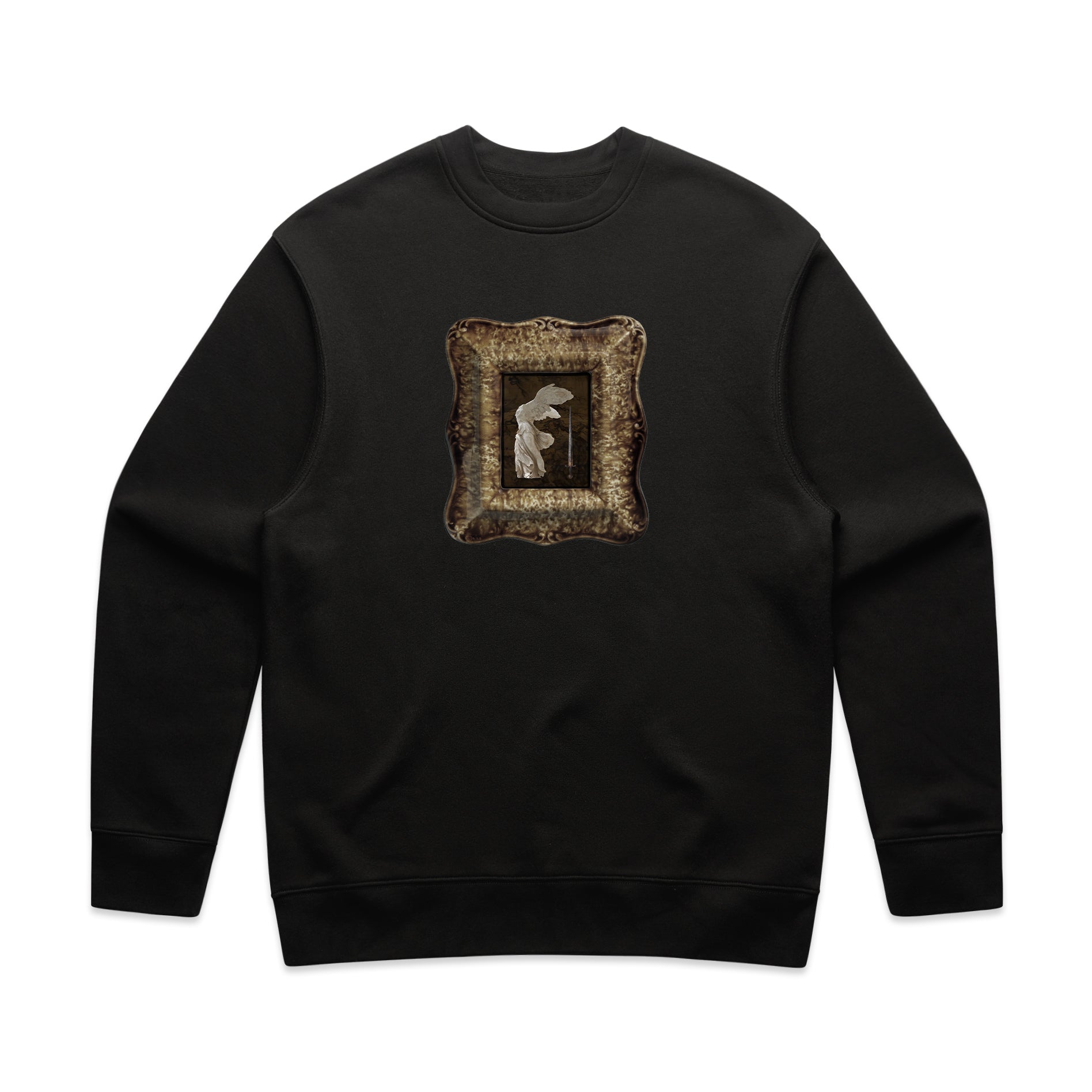Black sweatshirt with a framed design on a white background